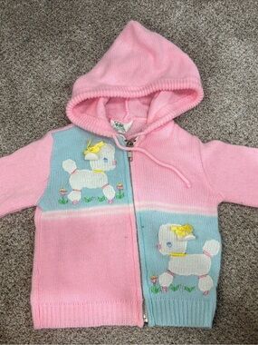 Vintage Pink Knit Hooded Baby Cardigan Zip Up with Lamb Motif Tiny Tots 18 mo